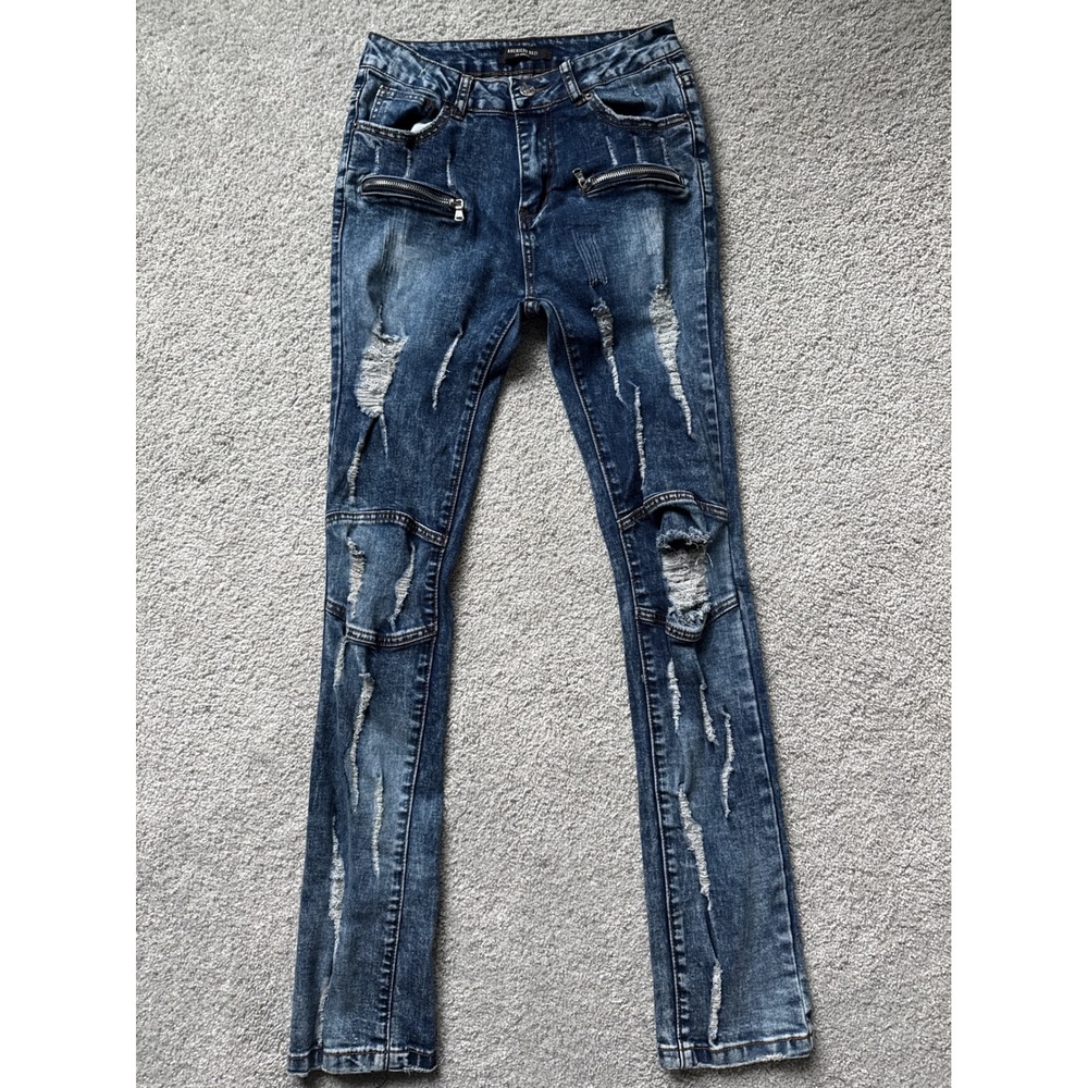 AMERICAN BAZI Womens Blue Denim Skinny Jeans Distressed Zipper Moto Style Size S